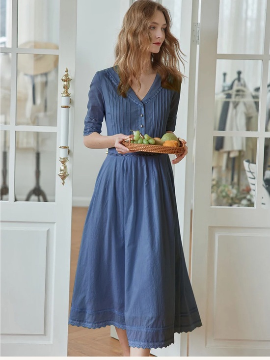 Simple Retro Dresses & Skirts - Simple Retro FIONA 100% COTTON DEMIN BLUE MIDI DRESS